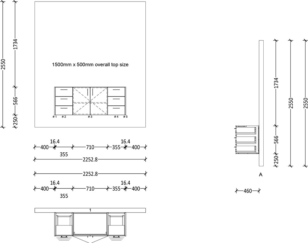 500mm Floating Vanity (1500mm Wide) - 2 Doors 2x 2 Drawers - Image 2