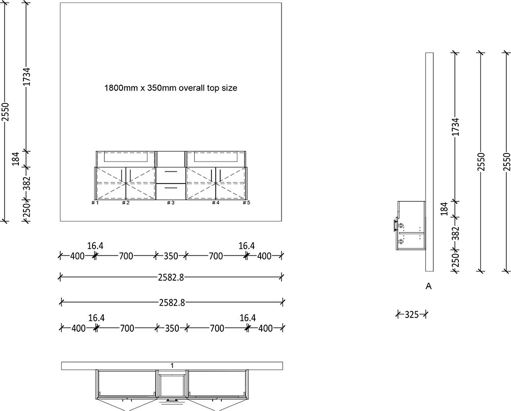 500mm Semi Recess Floating Vanity 1800mm 2x 2 Doors 2 Drawers - Image 2